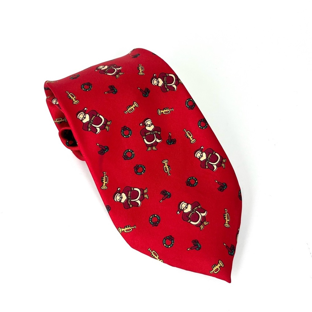 Vintage Christmas Holiday Santa Wreath Trumpet Red 100% Silk Tie Pre Owned